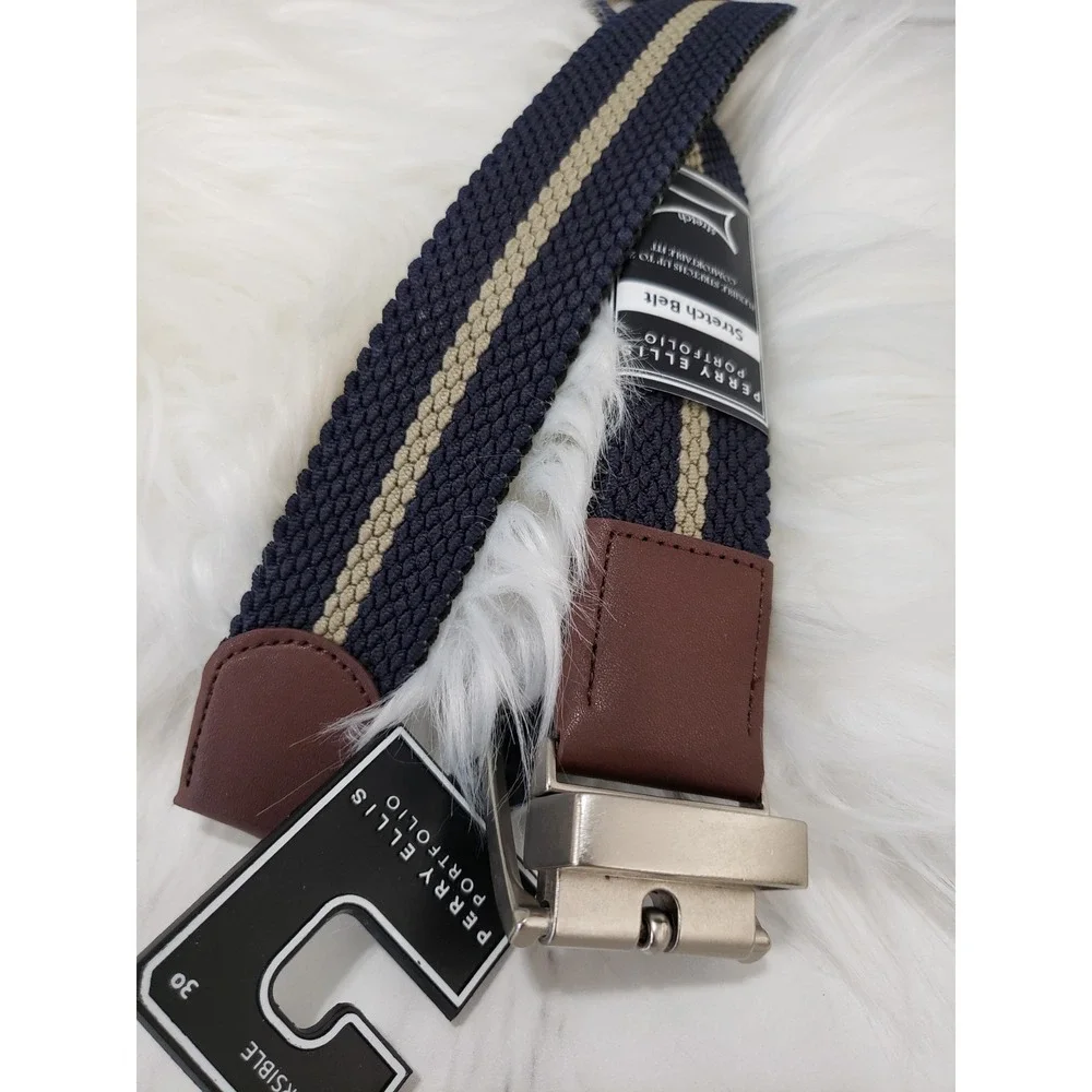 NEW SIZE 30 REVERSIBLE Perry Ellis Mens Canvas BLACK BLUE STretch belt golf prep